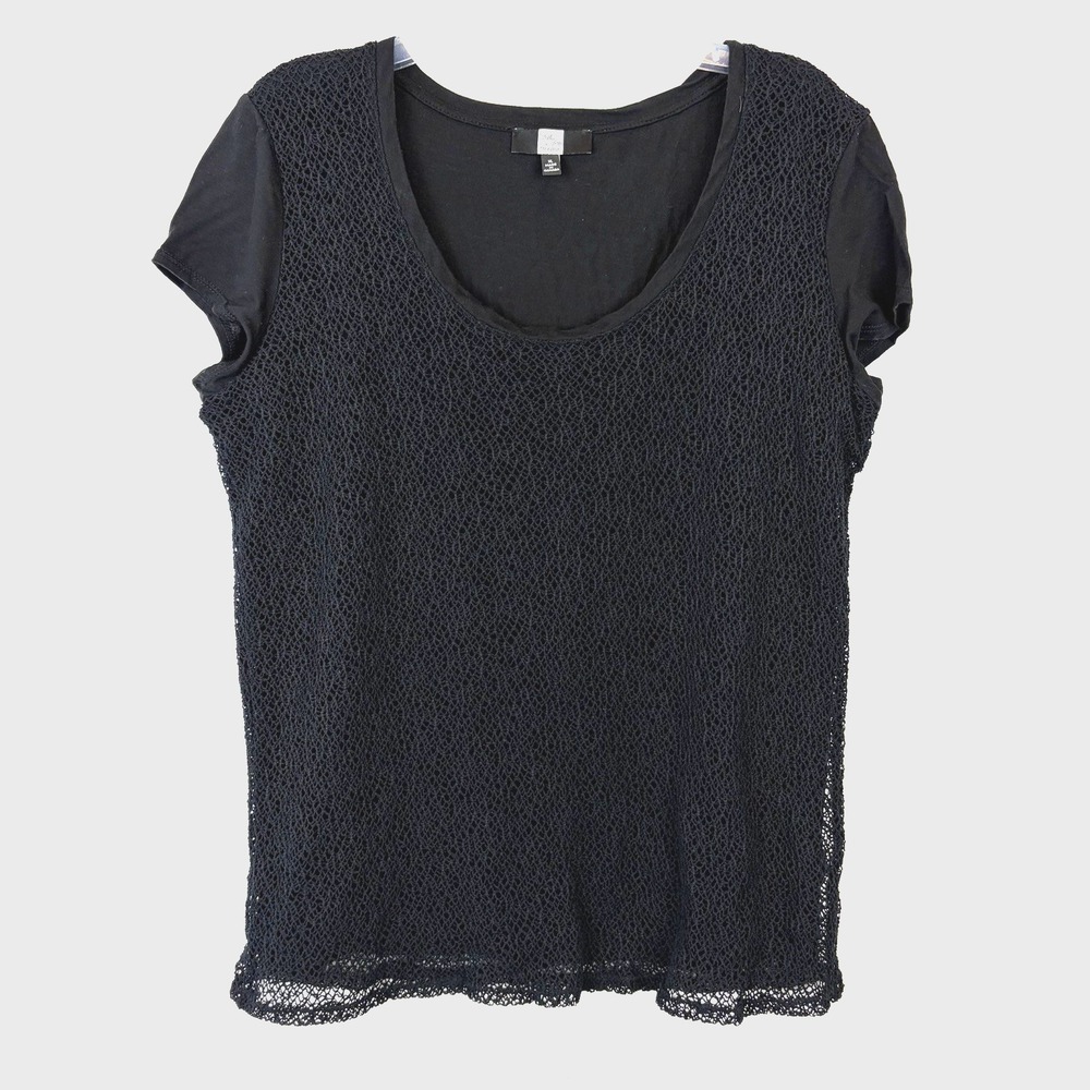 Saks Fifth Ave Top Womens XL Black T Shirt Knit Overlay Pullover Casual Read